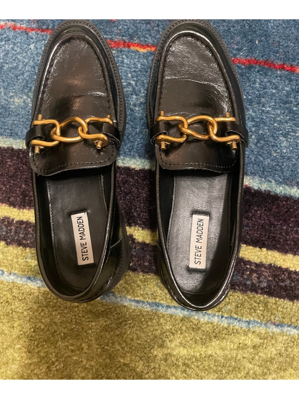 Steve Madden Karmine Black Loafers with Gold Chain Accent